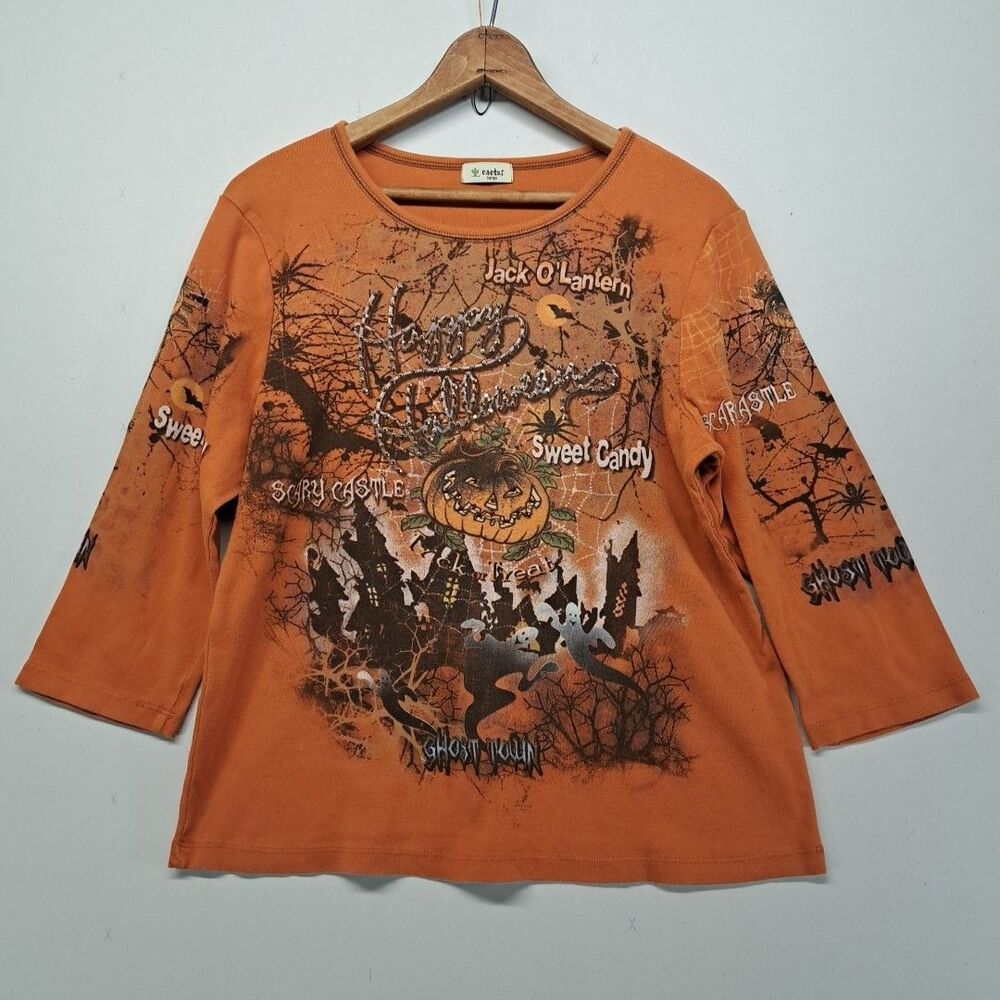 Cactus Halloween Jack O Lantern Bedazzled Shirt Large Y2K Vintage USA
